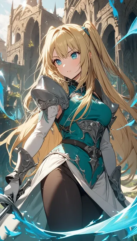 1girl,two side up,long hair,blonde hair,medium breasts,turquoise eyes,fantasy,rapier