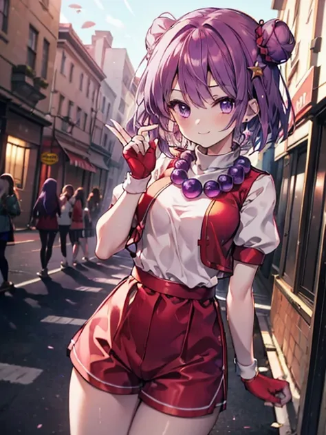 (masterpiece), (highest quality), (Super detailed), intricate details, athena 97, 1 girl, alone, purple eyes, purple hair, short hair, bun hair,white earrings, red hair band, star hair ornament, Medium breath,  purple spherical necklace, red fingerless glo...