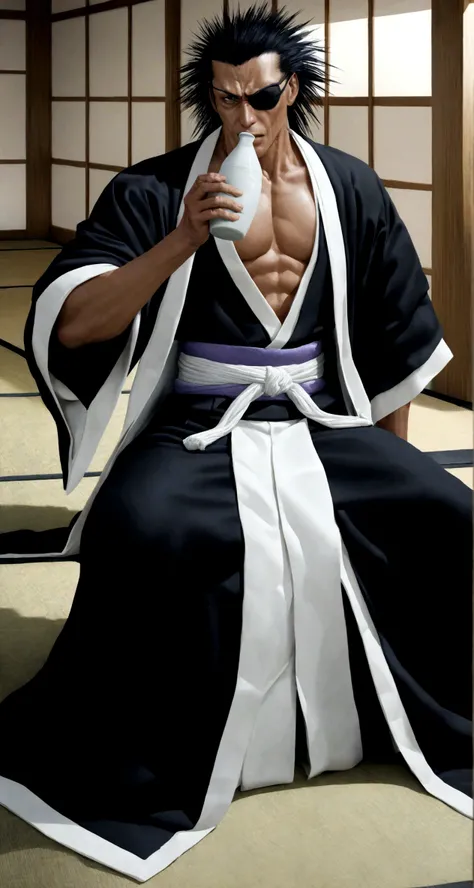 zaraki kenpachi from the bleach universe, wearing eyepatch, sitting in a japanese style patio on a tatami mat, drinking sake, looking at the sakura garden, photorealistic