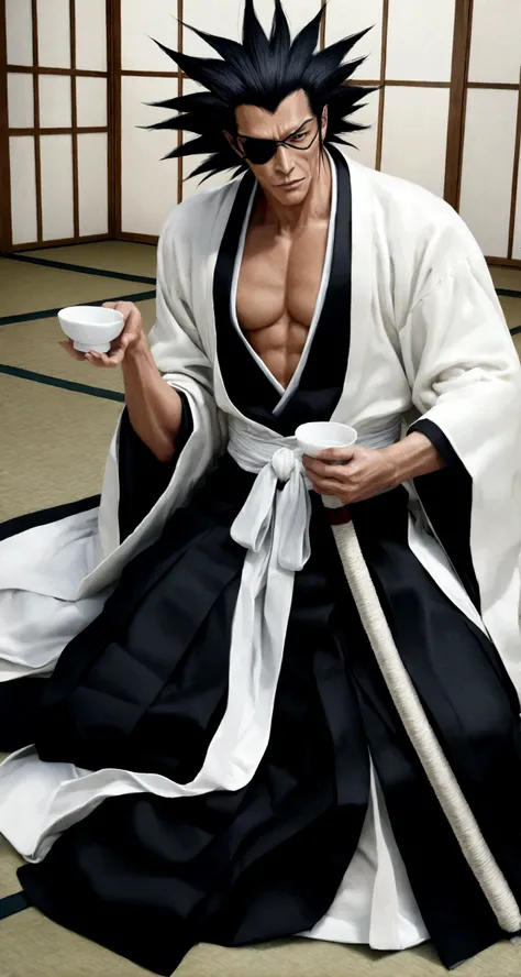 zaraki kenpachi from the bleach universe, wearing eyepatch, sitting in a japanese style patio on a tatami mat, drinking sake, looking at the sakura garden, photorealistic