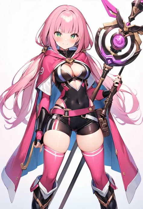 (masutepiece, Best Quality), 1girl, solo, full-body, pink-thighhighs, thighhighs, pink-hair, staff, smile, looking-at-viewer, shorts, holding, hood, breasts, holding-staff, tachi-e, cape, long-hair, black-shorts, blush, clothing-cutout, twintails, boots, s...