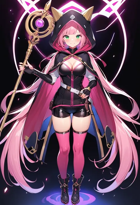 (masutepiece, Best Quality), 1girl, solo, full-body, pink-thighhighs, thighhighs, pink-hair, staff, smile, looking-at-viewer, shorts, holding, hood, breasts, holding-staff, tachi-e, cape, long-hair, black-shorts, blush, clothing-cutout, twintails, boots, s...