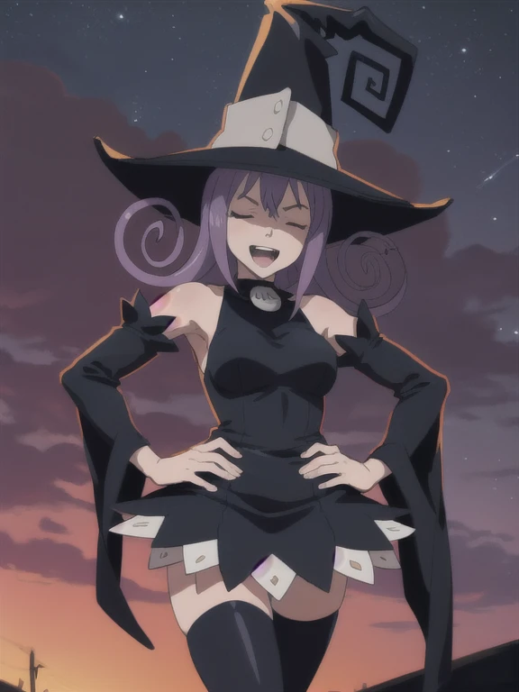 score_9, score_8_up, score_7_up, source_anime, solo, 1girl, seblair, laughing, upper teeth only, hands on hips, witch hat, closed eyes, black dress, detached sleeves, black thighhighs, night, outdoors