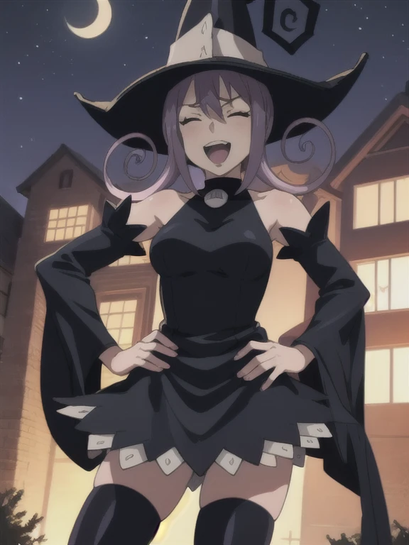 score_9, score_8_up, score_7_up, source_anime, solo, 1girl, seblair, laughing, upper teeth only, hands on hips, witch hat, closed eyes, black dress, detached sleeves, black thighhighs, night, outdoors