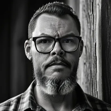 create a striking black and white portrait of a rugged lumberjack wearing glasses, emphasizing the contrasts between light and s...