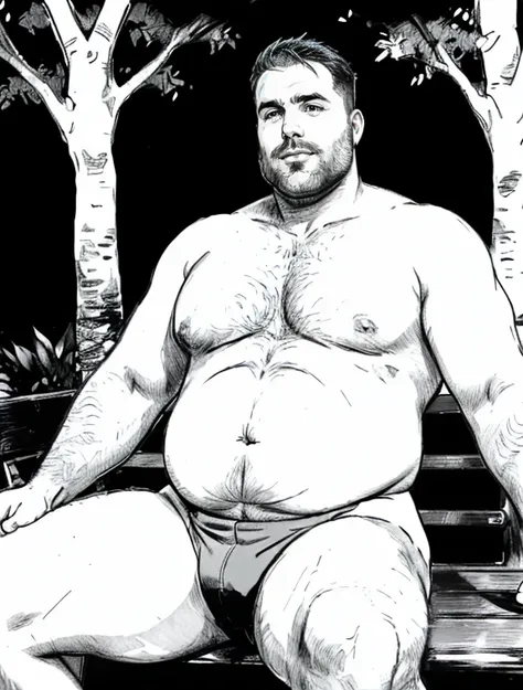 ((Masterpiece)), (best quality) (perfectly drawn belly), adulto , 1 chubby daddy with extremely thick thighs large belly fat wearing only white trunks, male, man, big belly,  He is sitting with his legs open and resting one arm on the park bench., (vore), ...