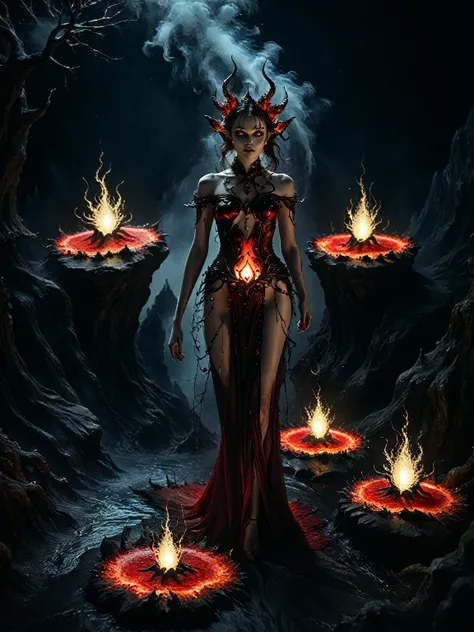 Dreamscape cinematic film still beautiful fire lit,weak lights and dark shadows,beautiful woman devil girl,a glowing demon woman red-white-yellow seductress,pale skin,bathing in the dark waters of the abyss,natural elements in hell theme. otherworldly abys...