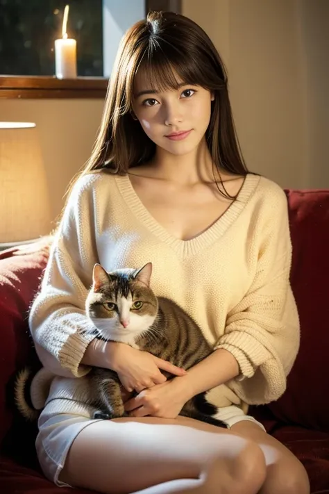 beautiful cat, corrected-cat, she is holding a kitty calico cat on her lap, cat is sleeping, on sofa looking viewer, japanese gi...