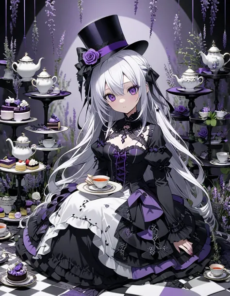 A gothic anime girl with long white hair and purple eyes, wearing an elaborate top hat adorned with black lace, sits on the floor surrounded by towering teapots, saucers, cakes, and a high tea setup in shades of lavender, gray, and deep indigo. The backgro...