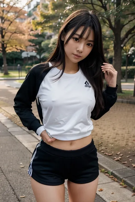 Slim Japanese girl with thin small bust in sportswear jogging in Japanese park 