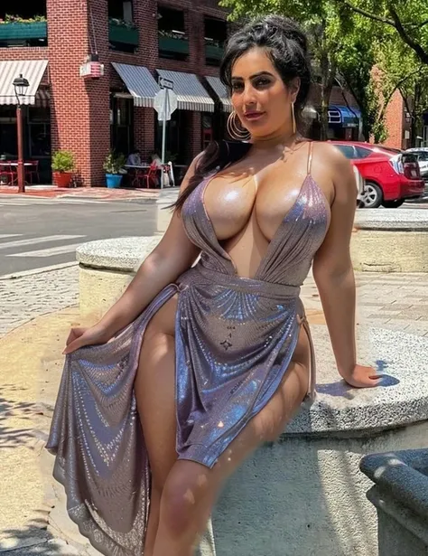 a beautiful curvy arab woman wearing a short mini  dress, low cut revealing cleavage, legs and thighs exposed, photo-realistic, detailed, 8k, high quality, hyper-realistic, extremely detailed, cinematic lighting, warm colors, natural skin tones, volumetric...