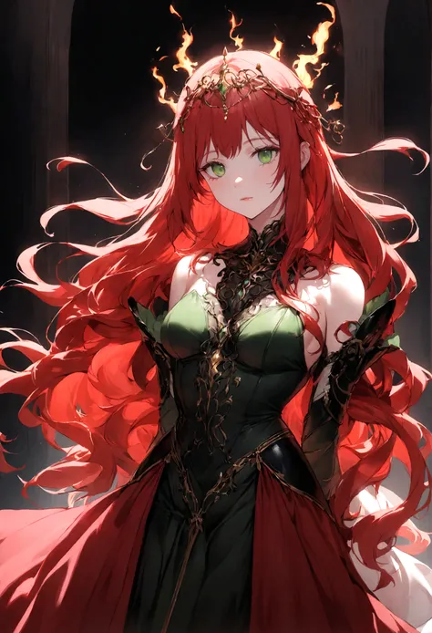 The woman stands before you, her fiery red hair cascading down her shoulders in vibrant waves, framing her delicate features. She possesses an alluring charm, with piercing green eyes that seem to hold a hint of mischief. Her figure is lithe and graceful, ...