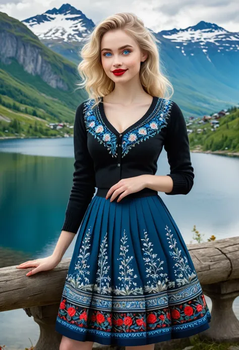 Blonde Woman, Messy Hair, Pale Skin, Red Lips, Overlooking Mountain Valley, Alpine Lake. Dress Wth Woodcut Patterns, Black Knee-Length Pleated Skirt Wth Blue Embroidery, Norwegian V Neck Sweater With Rosemaled Designs. Midriff Wide Smile, Eyes Detailed & W...