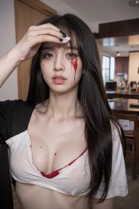 Original Photography，1 Girl，Selfie，photo (so easy:1)，((Crying red eyes、Injured face))，t-shirt，Small cleavage，Beautiful long legs