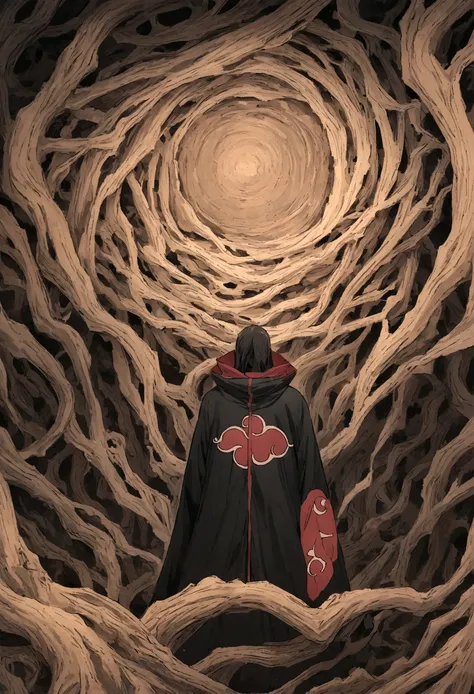 masashi kishimoto&#39;s comic art, robot surrounded by wood and metal textures, wearing an akatsuki cloak with scarves covering ...