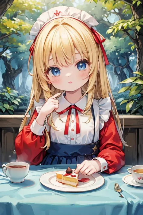 (8k, highest quality, Tabletop:1.2)、Ultra-high resolution, Detailed face, One 10-year-old girl, blue eyes, Blonde, Braid, Long Hair, Red ribbon on head, Red dress, White apron, blue sky, in the forest, wood々, table cloth, Set of cake and tea on the table, ...