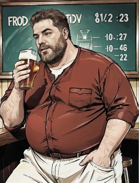 RAW, realistic photo of a Make a man obese

This man must be wearing red clothes.

He must be inside a bar

Hes drinking beer

Ultra realistic photo, qualidade 8k, fullhd