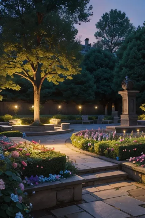 a flower garden with stone benches, evoking a romantic atmosphere at dusk 