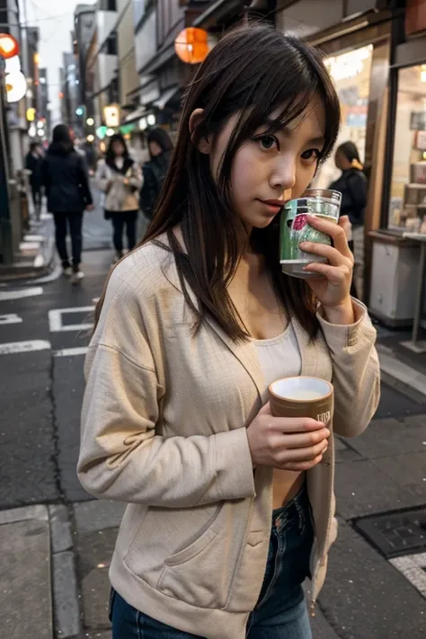 Thin small bust thin Japanese girl in warm casual clothes drinking tea on street in Japan 