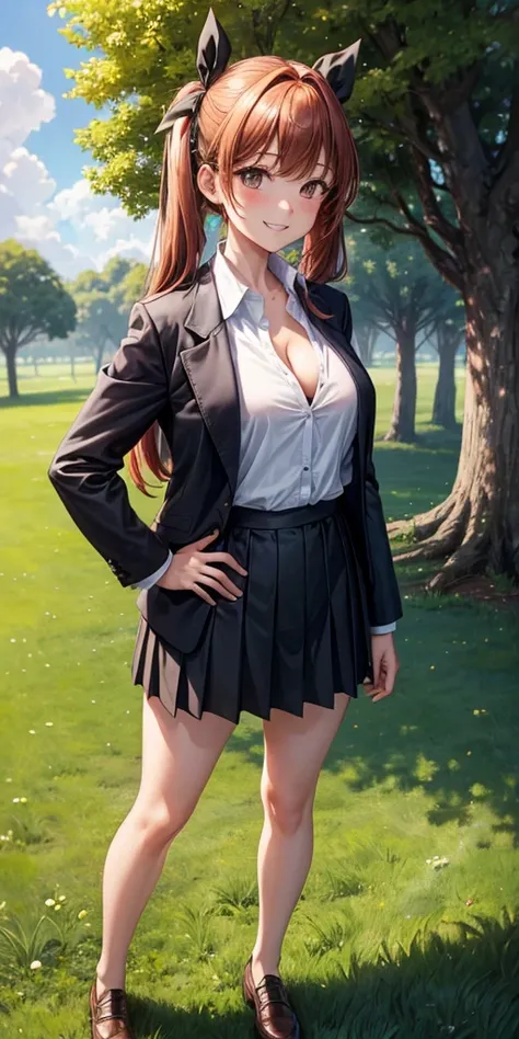 1girl, full body, solo, summer, village, trees, sun, clouds, ((chestnutl hair)), long hair, twintail, large breasts, ((black blazer)), button down shirt, ((white shirt)), ((short sleeved shirt)), ((unbuttoned shirt)), unbuttoning buttons, cleavage 1:3, bro...