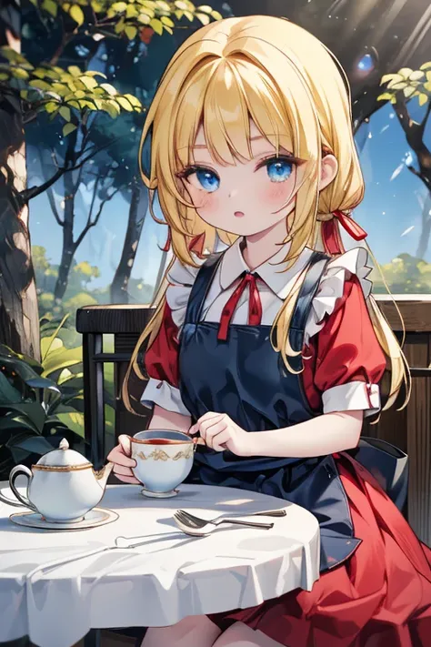 (8k, highest quality, Tabletop:1.2)、Ultra-high resolution, Detailed face, One 10-year-old girl, blue eyes, Blonde, Braid, Long Hair, Red ribbon on head, Red dress, White apron, blue sky, in the forest, wood々, table cloth, Set of cake and tea on the table, ...