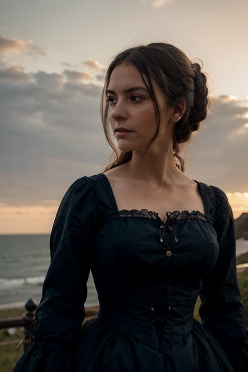 Closeup of a woman in a Victorian period dress looking towards the horizon at dusk 