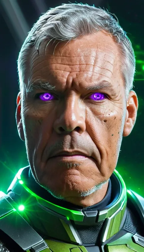 Comic art, Flat-colors,
(1man, wrinkled face, male:1.2), frail,  purple eyes, gray hair, clean-shaven,
cyborg portrait,  looking at viewer, solo, half shot, detailed background, close up, detailed face,  futuristic glowing digital green adamantium armor, t...