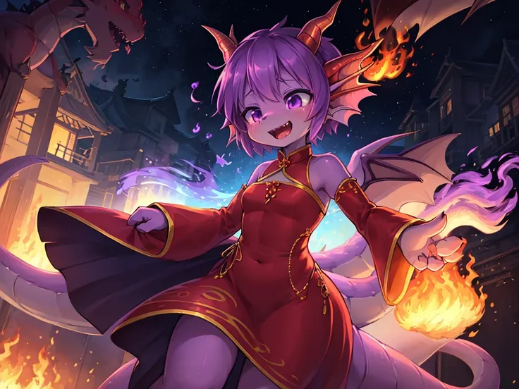 Hallucination, daydream , bokeh , Ghost, (fire Dragon monster Girl:1.5), Purple Skin, spike, Spiky purple hair, Caught Laughter, Floating Hand, Wearing a deep purple long slit china dress, Floating in the air, masterpiece, highest quality , Show secretly ,...