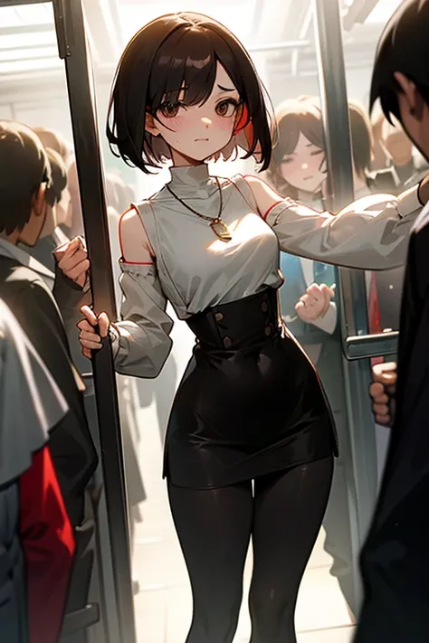 Brown short bob、Sleeveless white sweater、Wearing arm covers、Flared sleeves、Tight Skirt、Black Stockings、necklace、Extremely crowded train、There are a lot of people crowded together、Disheveled clothes、Your cheeks are red、slender、Curved waist、slender、Beautiful...