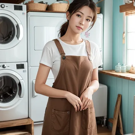 Photorealistic、８k、(1台のOld broken washing machine、Rusty)、古いLaundry Room、Beautiful woman、apron、