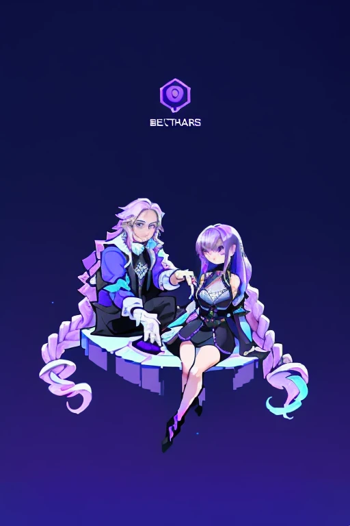 (masterpiece, top quality, best quality), pixel,pixel art,(1 boy and 1 girl:1.2), full body, A man and a woman sitting on different sides of a stair, Two people (girl with Purple White Gradient Long Hair, Indifferent, Kind:1.5) (boy wearing blue jacket), g...