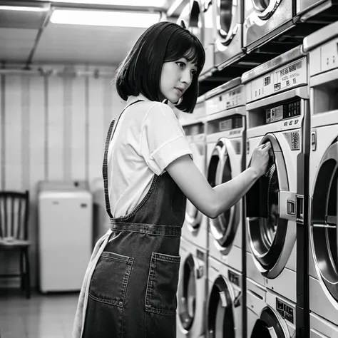 Black and white photography、Photorealistic、８k、(1台のOld broken washing machine、Rusty)、古いLaundry Room、Beautiful woman、apron、