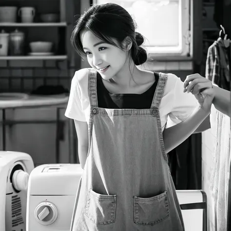 Black and white photography、Photorealistic、８k、(1 old broken washing machine、Rusty)、old、Beautiful woman、apron、