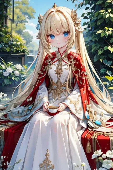 (8k, highest quality, Tabletop:1.2)、Ultra-high resolution, Detailed face, One 10-year-old girl, blue eyes, Blonde, Braid, Long Hair, blue sky, in the forest, wood, table cloth, Set of cake and tea on the table, Sit on a chair、hjy, a woman in a red and whit...