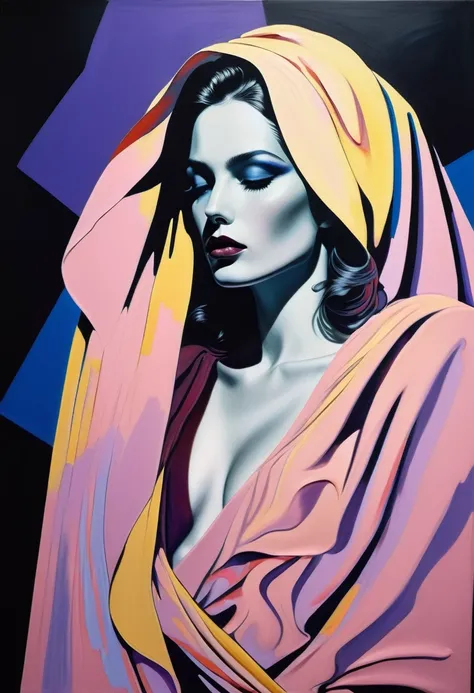 chiaroscuro technique on sensual illustration of an elegant 1980s woman, vintage beauty, eerie, the model draped in flowing, thick oil painting, by Hannah Dale, by Harumi Hironaka, extremely soft colors, vibrant, highly detailed, malcolm liepke painting, o...