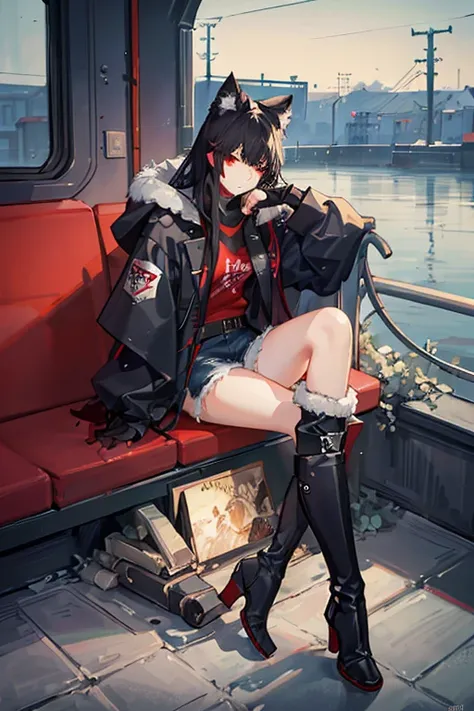 Honkai Star Rail style 
1 man. wery long black hair. red eyes. red t-shirt. black jacket with hood and fur. high-waisted black ripped jeans. knee-high boots. black gloves. apocalyptic clothes.
Sitting on the train. ((Water)) ((More water)) Water up to the ...