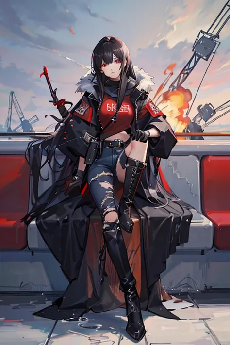 Honkai Star Rail style 
1 man. wery long black hair. red eyes. red t-shirt. black jacket with hood and fur. high-waisted black ripped jeans. knee-high boots. black gloves. apocalyptic clothes.
Sitting on the train. ((Water)) ((More water)) Water up to the ...