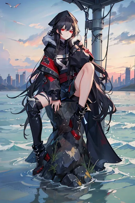 Honkai Star Rail style 
1 man. wery long black hair. red eyes. red t-shirt. black jacket with hood and fur. high-waisted black ripped jeans. knee-high boots. black gloves. apocalyptic clothes.
Sitting on the train. ((Water)) ((More water)) Water up to the ...