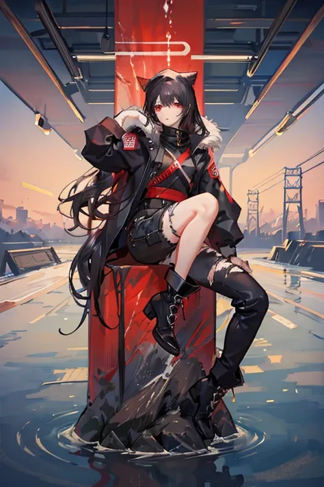 Honkai Star Rail style 
1 man. wery long black hair. red eyes. red t-shirt. black jacket with hood and fur. high-waisted black ripped jeans. knee-high boots. black gloves. apocalyptic clothes.
Sitting on the train. ((Water)) ((More water)) Water up to the ...