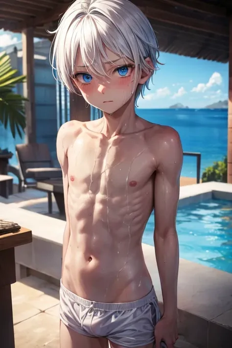 very thin boy11 years old without a shirt, Without clothing, thin, Blue eyes, white hair with red tips, wet body in white swimming trunks, straightens his hair embarrassedly, blush on the face, 