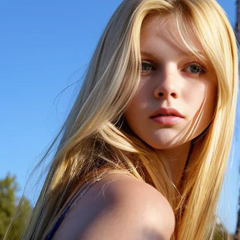 A photorealistic portrait of a 21-year-old American girl with long, flowing blonde hair and striking blue eyes. She should have a natural, approachable expression and be illuminated by soft, golden-hour sunlight. The background should be a scenic outdoor s...