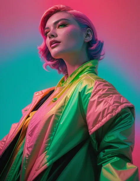 a close up of a woman with a bright green jacket, inspired by Russell Dongjun Lu, jen bartel, vibrant fan art, neon version of style jim burns, neon noir, by Galen Dara, kilian eng vibrant colours, with a blue background, kilian eng vibrant colors, by Pedr...