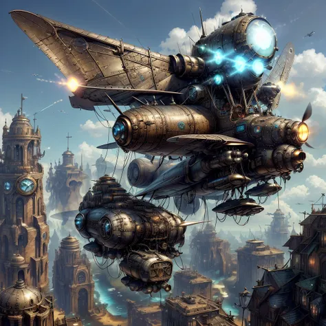 model dreamshaper, dieselpunk redone , aetherpunkai , an unusual fighter flies over the city , its wings and machine guns are vi...