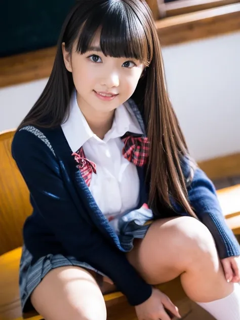 alone、high school girl、Natural body shape、White skin、Natural Makeup、Black Hair、bangs、Straight Long Hair、((High School Uniform))(((Navy Blue Cardigan、White collar blouse、red school ribbon、Checkered pleated skirt、mini skirt)))、((Big Breasts))、、School classro...