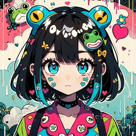 masterpiece, highest quality, Very detailed, ((Frog food)) ,June, rainy season,Beautiful Shadows, heart, , Cinema Lighting, Studio Light, Flowers around, cute, cute, Big eyes, Flower pattern on eyes, Pupil shape , cute polka dot pattern on bows, Plaid, Bla...