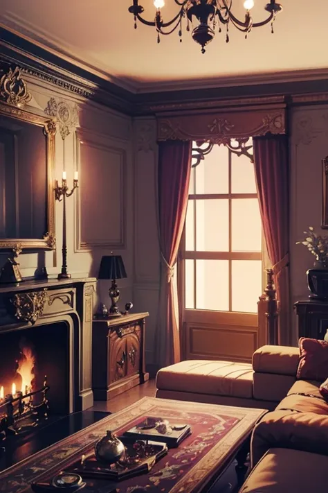 Interior, victorian Manor with reliquies, (((Nigth))), (((moonligth enters the living room))) soft pale orange palette, soft violet secundary exterior ligth 