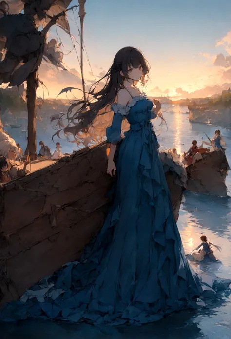 Dark-haired girl in blue dress, Debout sur le pont d&#39;un vieux navire, Un navire, regarde au loin, l&#39;aube, brume légère, Ambiance maussade, Lever de soleil sur la mer