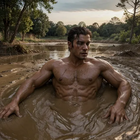 handsome, muscular shirtless man sinks in a mud pit past his shoulders while struggling to escape
