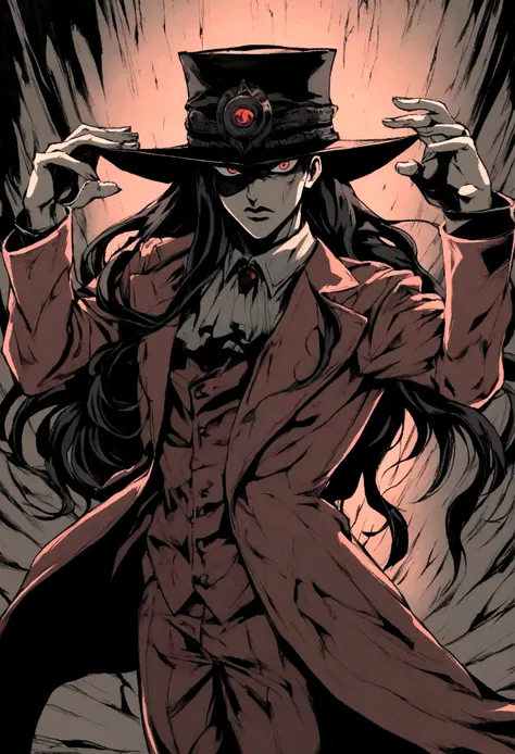 HELLSING ALLUCARD, LONG HAIR RED EYEYS, ULTRA DETAILED WITH ANIME STYLE, COOL POSE, JOJO POSE, EVIL, LONG HAIR, LONG HAIR, BLACK HAIR, NOIR HAT, EVIL EXPRESSION