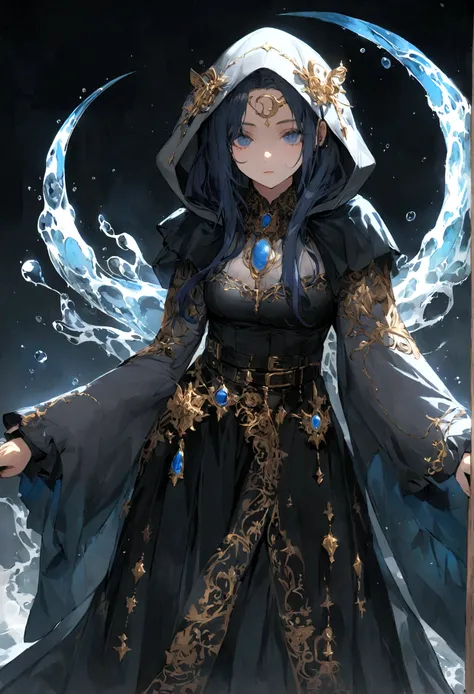 a spirit with dark blue hair that flows like the waves of the sea. Your eyes could glow like fireflies in the dark.
Vestimenta elegante: The spirit could wear a black robe with silver or blue details. Sleeves could be embellished with water droplet or swir...